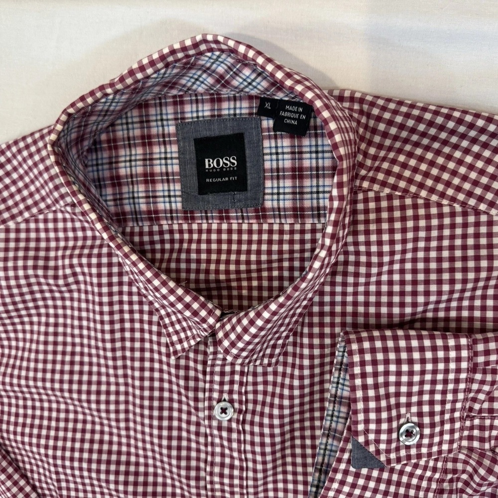 Hugo Boss Men's Red & White Gingham Check‎ Long Sleeve Button Down Shirt XL